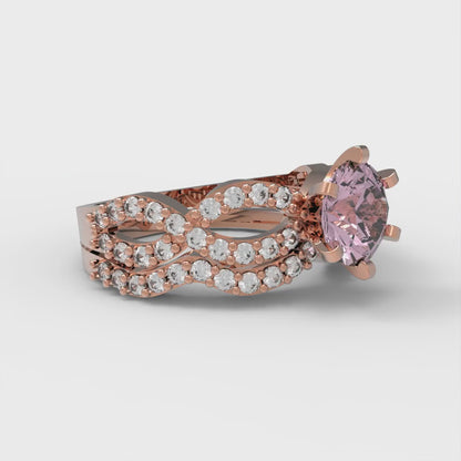 1.57 cttw Round Cut Simulated Pink Diamond Bridal Set - Solid Rose Gold Engagement Ring & Wedding Band