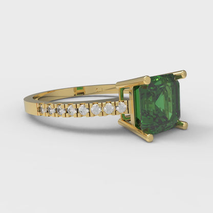 2.7 cttw Simulated Emerald Solitaire with Zirconia Simulated Diamond Accents Engagement Ring - Solid Gold (Asscher Cut,6.5mm)