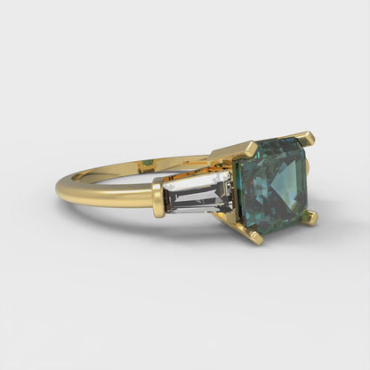 1.62 cttw Blue Moissanite Three-Stone Engagement Ring - Solid Gold (Square Emerald Cut,6.5X6.5mm)