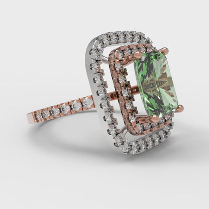 2.62 cttw Zirconia Simulated Green Diamond Hidden Halo Engagement Ring - Solid Rose/White Gold (VVS1, Emerald Cut,8X6.0mm)