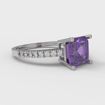 2.7 cttw Simulated Alexandrite Solitaire with Zirconia Simulated Diamond Accents Engagement Ring - Solid White Gold (VVS1, Asscher Cut,6.5mm)