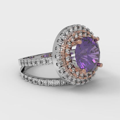 2.73 cttw Round Cut Natural Amethyst Bridal Set - Solid White/Rose Gold Engagement Ring & Wedding Band