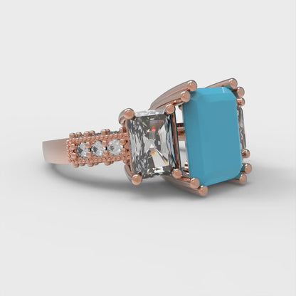 4.27 cttw Simulated Turquoise Three-Stone Engagement Ring - Solid Gold (Emerald Cut,9x7mm)