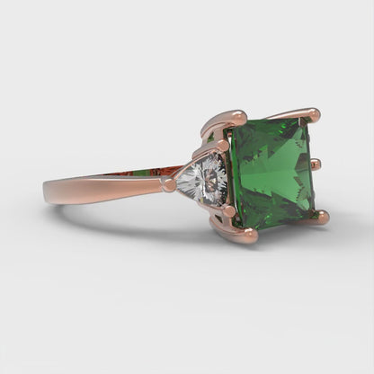 2.32 cttw Simulated Emerald Three-Stone Engagement Ring - Solid Rose Gold (VVS1, Princess Cut,7.0mm)