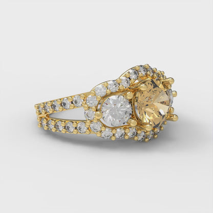 2.16 cttw Zirconia Simulated Champagne Diamond Three-Stone Engagement Ring - Solid Gold (VVS1, Round Cut,6.5mm)