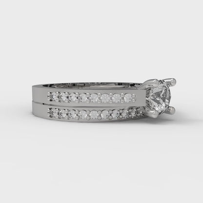 0.86 cttw Round Cut White Sapphire Bridal Set - Solid White Gold Engagement Ring & Wedding Band