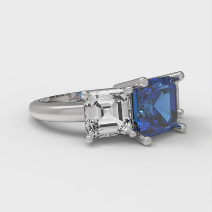 4 cttw Simulated Tanzanite Three-Stone Engagement Ring - Solid Gold (Square Emerald Cut,7.0X7.0mm)