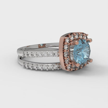 1.495 cttw Round Cut Natural Sky Blue Topaz Bridal Set - Solid White/Rose Gold Engagement Ring & Wedding Band