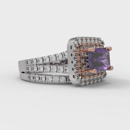 3.05 cttw Emerald Cut Natural Amethyst Bridal Set - Solid White/Rose Gold Engagement Ring & Wedding Band