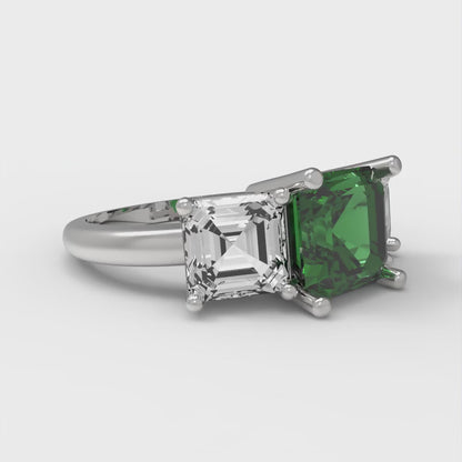 4 cttw Simulated Emerald Three-Stone Engagement Ring - Solid Gold (Square Emerald Cut,7.0X7.0mm)