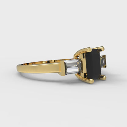 0.8 cttw Natural Onyx Three-Stone Engagement Ring - Solid Yellow Gold (VVS1, Emerald Cut,6x4mm)