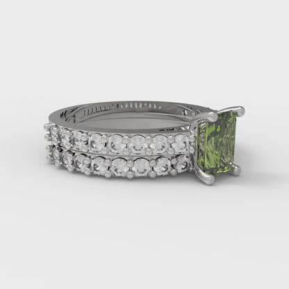 1.325 cttw Emerald Cut Natural Peridot Bridal Set - Solid White Gold Engagement Ring & Wedding Band