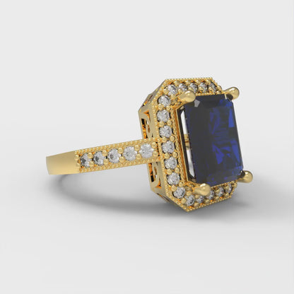 2.78 cttw Simulated Blue Sapphire Hidden Halo Engagement Ring - Solid Gold (Emerald Cut,8.5x6.5mm)