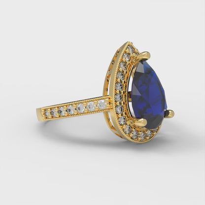 2.36 cttw Simulated Blue Sapphire Hidden Halo Engagement Ring - Solid Gold (Pear Cut,10x7mm)