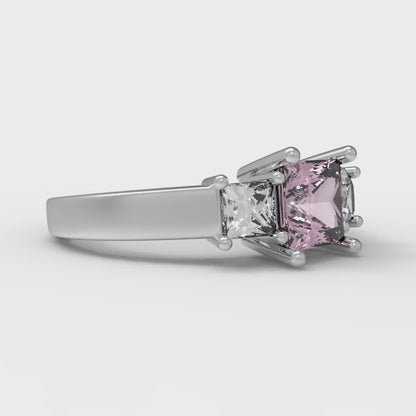 1.11 cttw Zirconia Simulated Pink Diamond Three-Stone Engagement Ring - Solid White Gold (VVS1, Princess Cut,5.0mm)