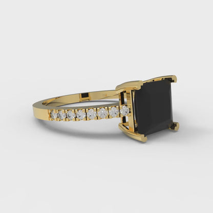 1.66 ct Brilliant Princess Cut Natural Onyx Yellow Gold Solitaire with Accents Engagement Ring, July Birthstone