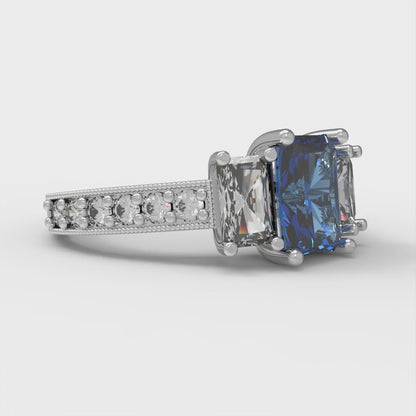 1.88 cttw Simulated Tanzanite Three-Stone Engagement Ring - Solid Gold (Emerald Cut,7x5mm)