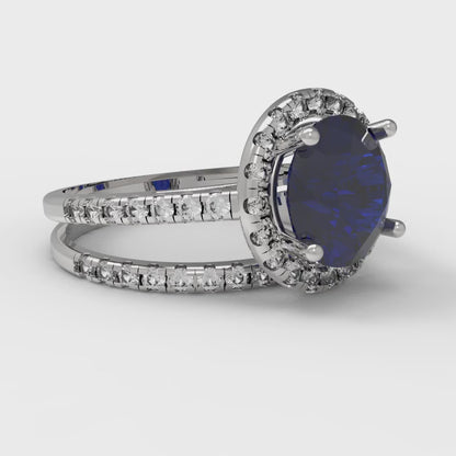 2.52 cttw Round Cut Simulated Blue Sapphire Bridal Set - Solid White Gold Engagement Ring & Wedding Band