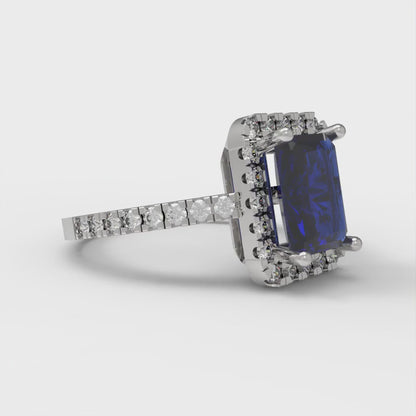 1.86 cttw Simulated Blue Sapphire Hidden Halo Engagement Ring - Solid Gold (Emerald Cut,7.5x5.5mm)