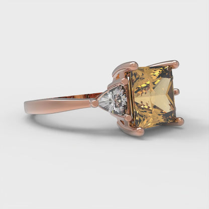 2.32 cttw Zirconia Simulated Champagne Diamond Three-Stone Engagement Ring - Solid Rose Gold (VVS1, Princess Cut,7.0mm)