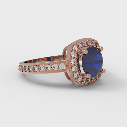 1.335 cttw Simulated Blue Sapphire Solitaire with Zirconia Simulated Diamond Accents Engagement Ring - Solid Rose Gold (VVS1, Round Cut,6.5mm)