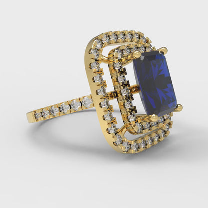2.62 cttw Simulated Blue Sapphire Hidden Halo Engagement Ring - Solid Yellow Gold (VVS1, Emerald Cut,8X6.0mm)