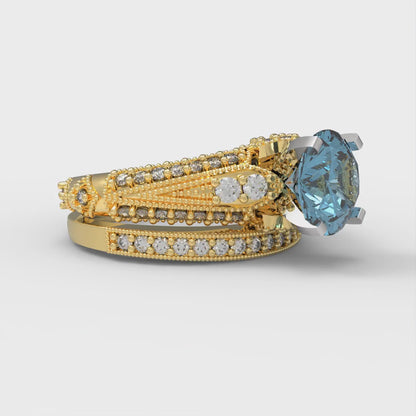 2.095 cttw Round Cut Natural Swiss Blue Topaz Bridal Set - Solid Yellow/White Gold Engagement Ring & Wedding Band