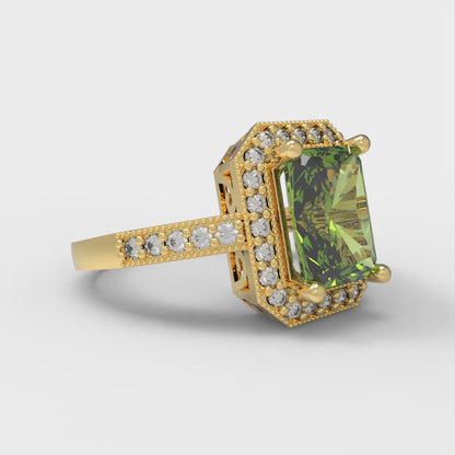 2.78 cttw Natural Peridot Hidden Halo Engagement Ring - Solid Gold (Emerald Cut,8.5x6.5mm)
