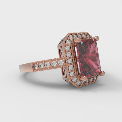2.78 cttw Simulated Ruby Hidden Halo Engagement Ring - Solid Rose Gold (VVS1, Emerald Cut,8.5x6.5mm)