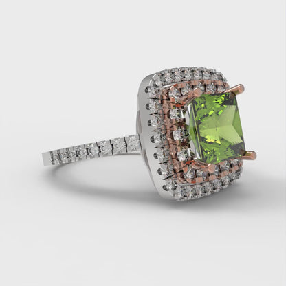 2.07 cttw Natural Peridot Hidden Halo Engagement Ring - Solid White/Rose Gold (VVS1, Princess Cut,6.5mm)