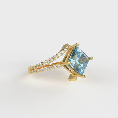 2.3075 cttw Natural Aquamarine Solitaire with Zirconia Simulated Diamond Accents Engagement Ring - Solid Yellow Gold (VVS1, Princess Cut,7.0mm)