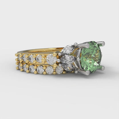 2.94 cttw Round Cut Simulated Green Diamond Bridal Set - Solid Yellow/White Gold Engagement Ring & Wedding Band
