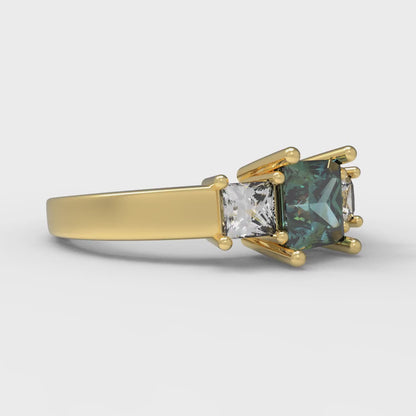 1.11 cttw Blue Moissanite Three-Stone Engagement Ring - Solid Yellow Gold (VVS1, Princess Cut,5.0mm)
