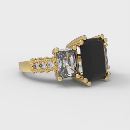 4.27 cttw Natural Onyx Three-Stone Engagement Ring - Solid Gold (Emerald Cut,9x7mm)