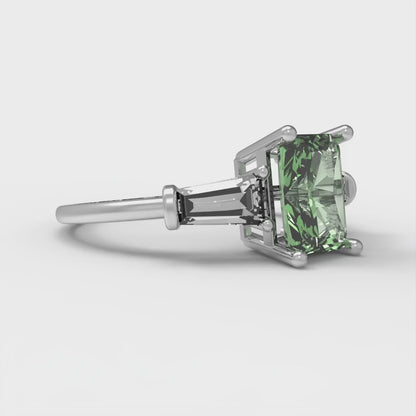 1.5 cttw Zirconia Simulated Green Diamond Three-Stone Engagement Ring - Solid Gold (VVS1, Emerald Cut,7.0x5.0mm)