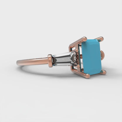 1.5 cttw Simulated Turquoise Three-Stone Engagement Ring - Solid Gold (Emerald Cut,7.0x5.0mm)