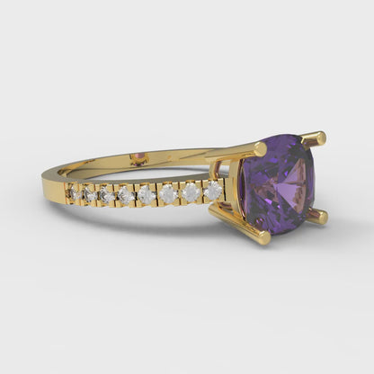 2.7 cttw Natural Amethyst Solitaire with Zirconia Simulated Diamond Accents Engagement Ring - Solid Gold (Cushion Cut,6.5mm)