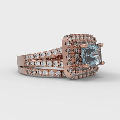 3.05 cttw Emerald Cut Simulated Blue Diamond Bridal Set - Solid Rose Gold Engagement Ring & Wedding Band