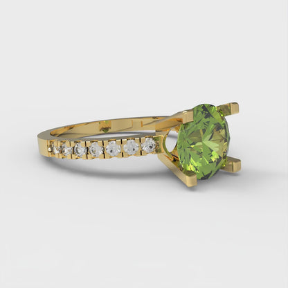 1.71 cttw Natural Peridot Solitaire with Zirconia Simulated Diamond Accents Engagement Ring - Solid Gold (Round Cut,7.5mm)