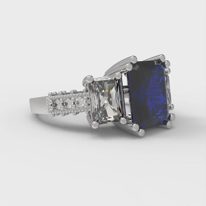 4.27 cttw Simulated Blue Sapphire Three-Stone Engagement Ring - Solid Gold (Emerald Cut,9x7mm)