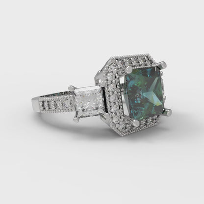 3.005 cttw Blue Moissanite Three-Stone Engagement Ring - Solid White Gold (VVS1, Princess Cut,7.0mm)