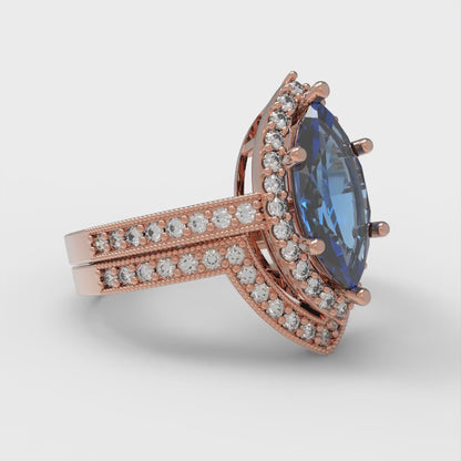 2.4875 cttw Marquise Cut Simulated Tanzanite Bridal Set - Solid Rose Gold Engagement Ring & Wedding Band