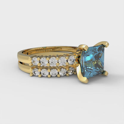 2.63 cttw Princess Cut Natural Aquamarine Bridal Set - Solid Yellow Gold Engagement Ring & Wedding Band