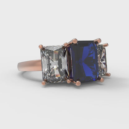 4 cttw Simulated Blue Sapphire Three-Stone Engagement Ring - Solid Gold (Emerald Cut,8x6mm)