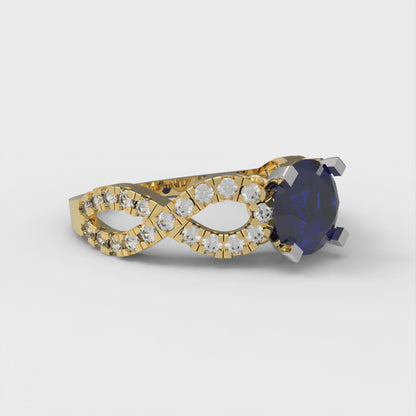 1.42 cttw Simulated Blue Sapphire Solitaire with Zirconia Simulated Diamond Accents Engagement Ring - Solid Yellow/White Gold (VVS1, Round Cut,6.5mm)