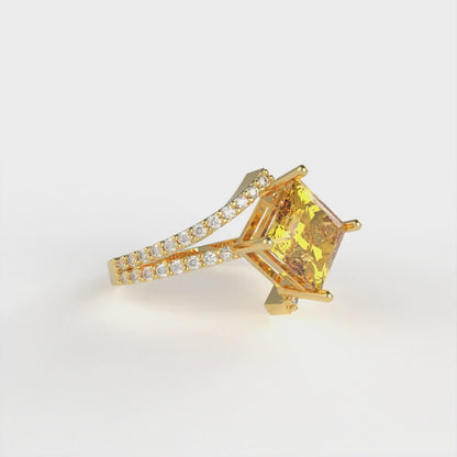 2.3075 cttw Natural Citrine Solitaire with Zirconia Simulated Diamond Accents Engagement Ring - Solid Yellow Gold (VVS1, Princess Cut,7.0mm)