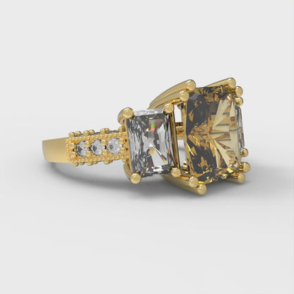 4.27 cttw Zirconia Simulated Yellow Diamond Three-Stone Engagement Ring - Solid Gold (VVS1, Emerald Cut,9x7mm)