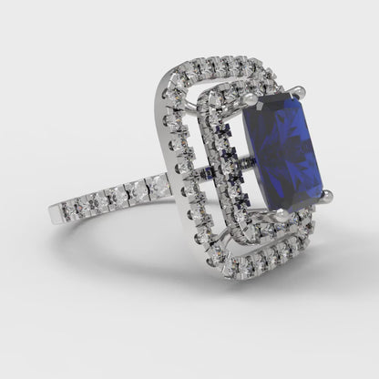 2.62 cttw Simulated Blue Sapphire Hidden Halo Engagement Ring - Solid White Gold (VVS1, Emerald Cut,8X6.0mm)
