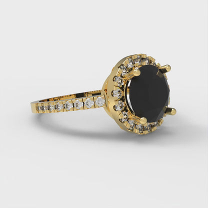 1.8 cttw Natural Onyx Hidden Halo Engagement Ring - Solid Gold (Round Cut,7.5mm)