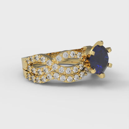 1.57 cttw Round Cut Simulated Blue Sapphire Bridal Set - Solid Yellow Gold  Engagement Ring & Wedding Band